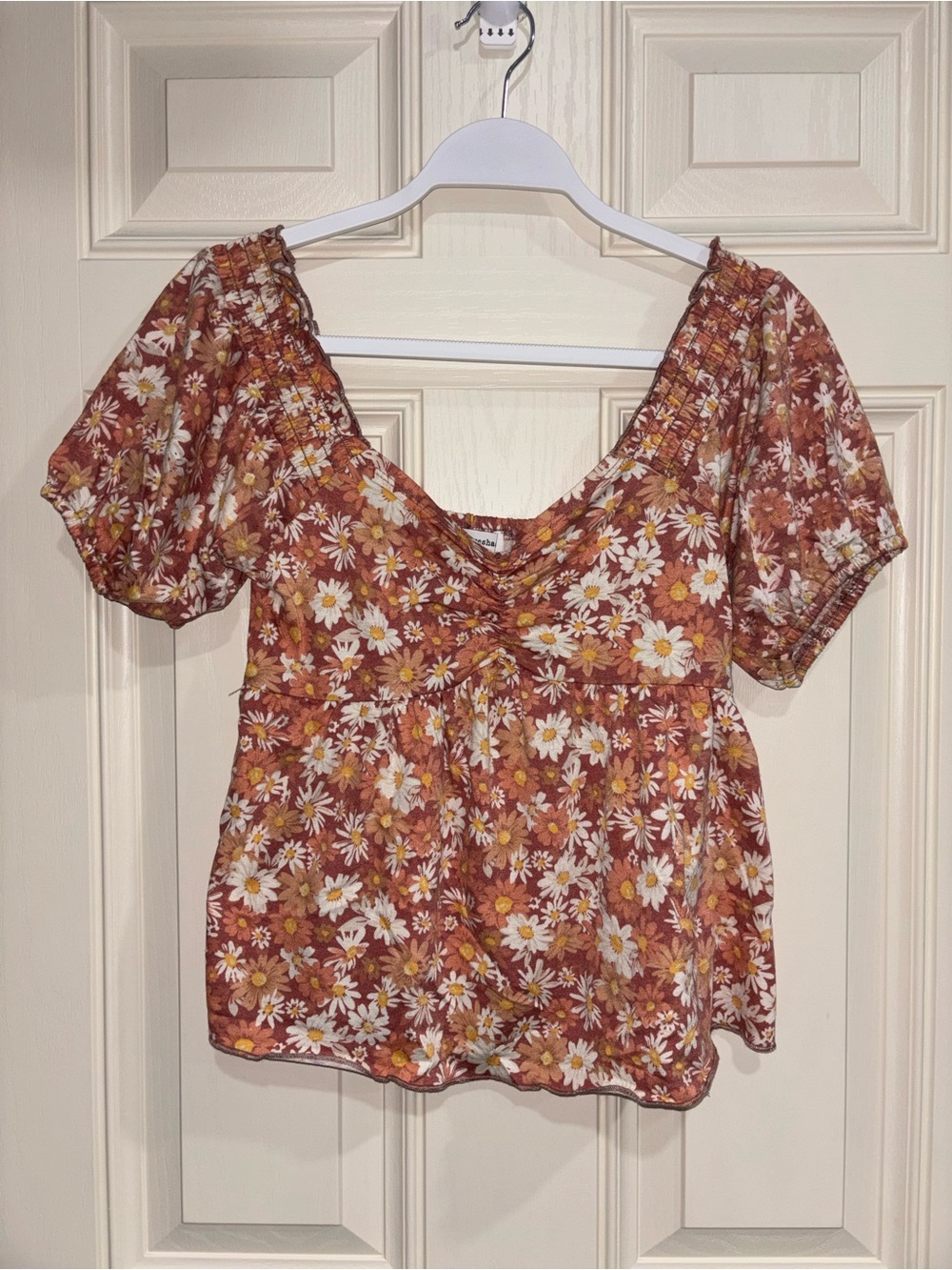 Eyeshadow Rust Floral Puff Sleeve Peasant Top